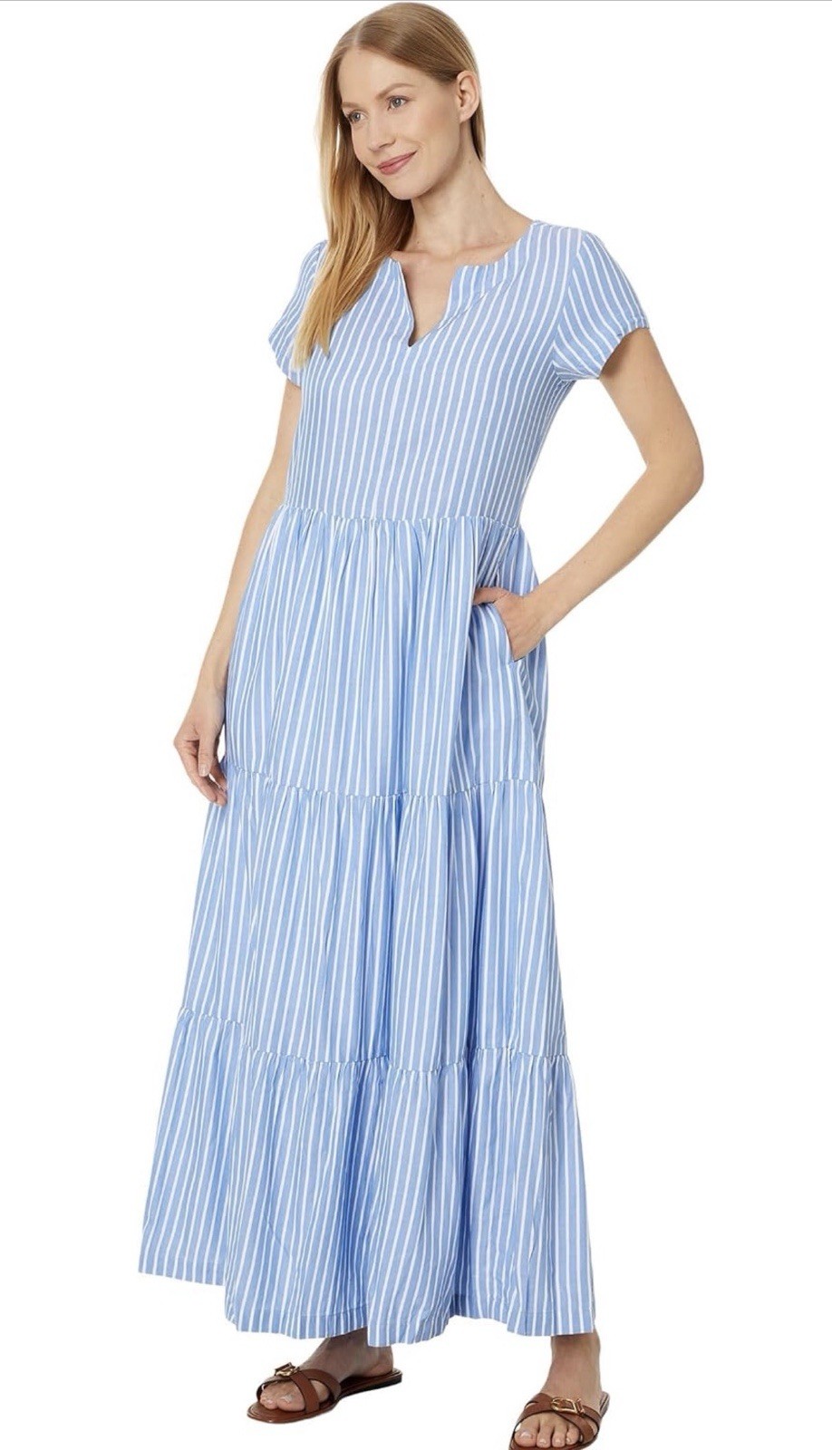 Pact Sunset Light Gauze Notch Neck Dress Blue Bondi Stripe Size Medium