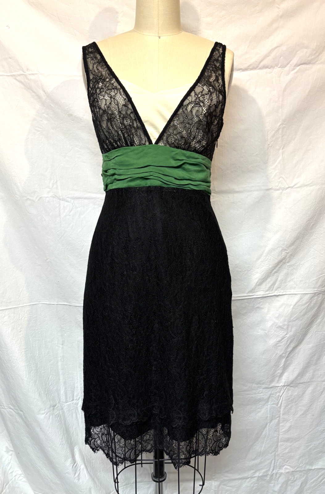 Moulinette Soeurs Size 2 Black Lace Dress with Green Waistband and Ivory Bodice