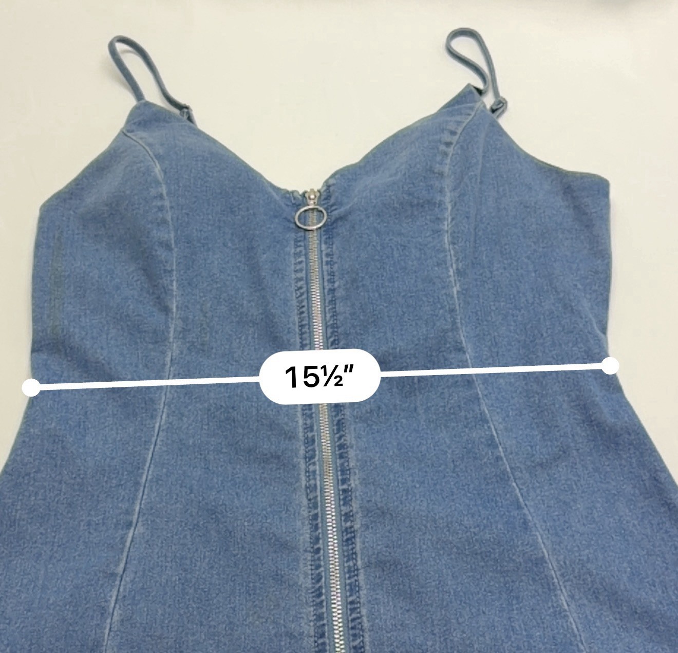 IRIS Denim Bodycon Dress Large Blue O Ring Zip Front Sleeveless Mini Dress