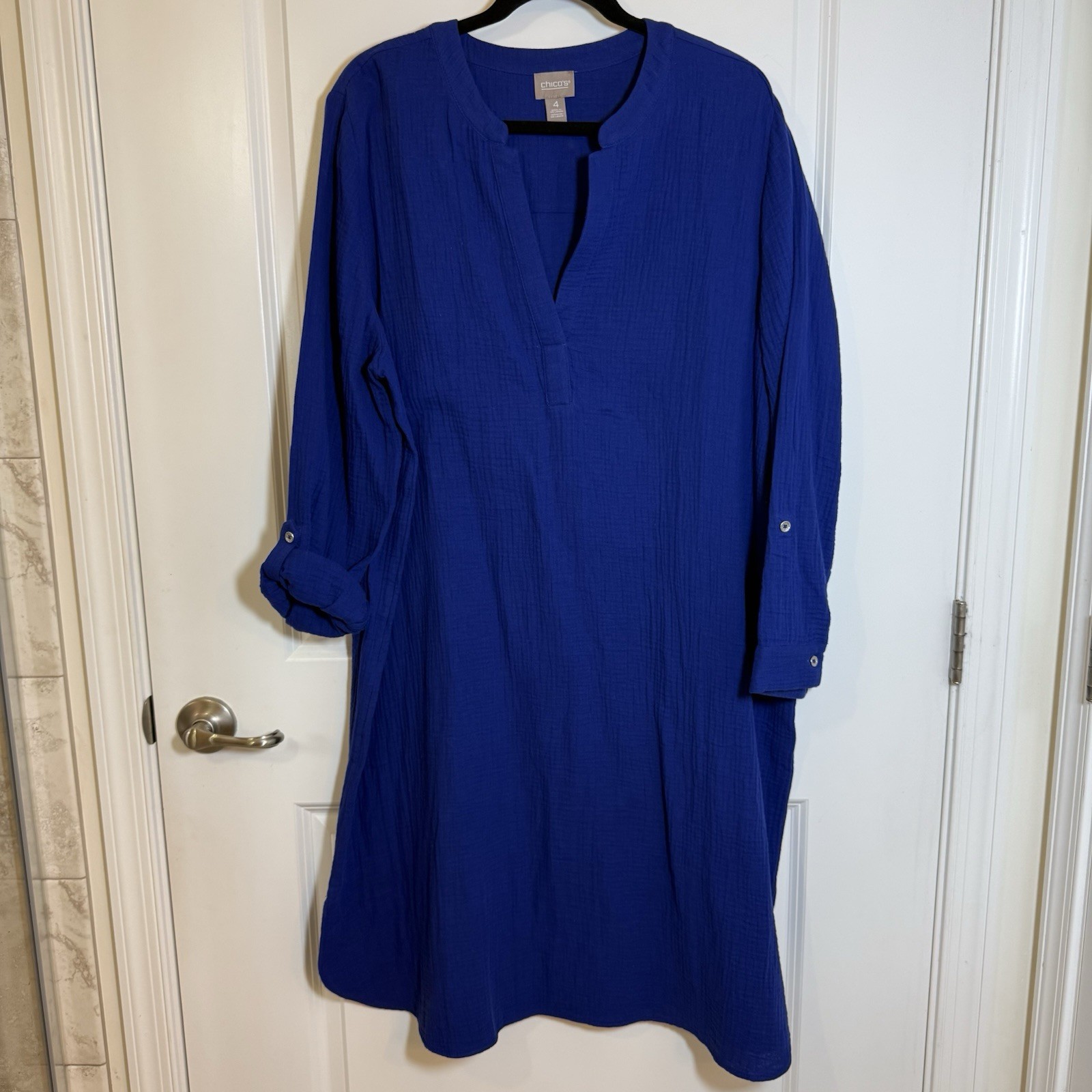 Chicos 2.5 womens L Gauze Notch Neck Midi Dress Stratus Blue coastal resort wear