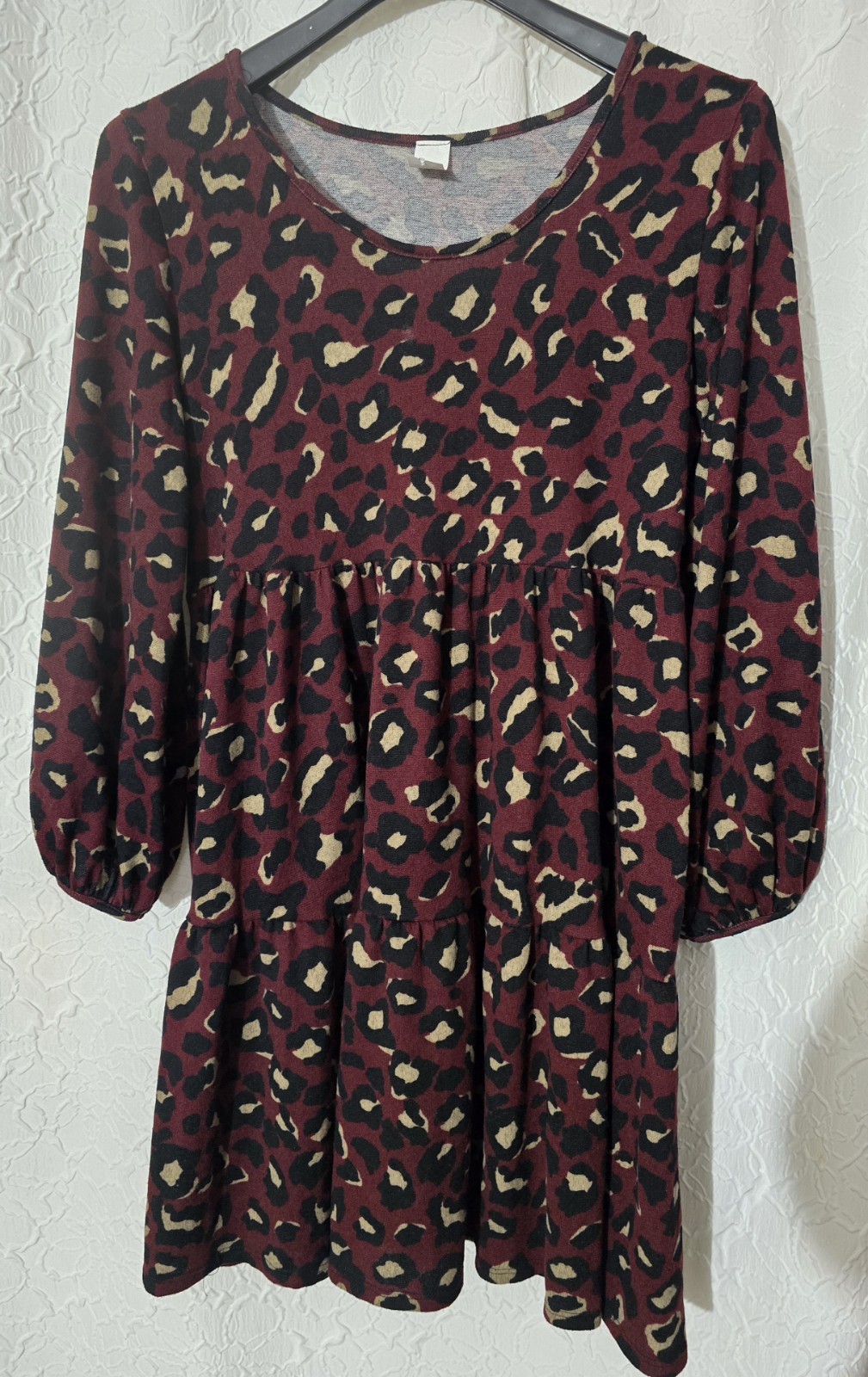 Womens Animal Print Long Sleeve Tiered Dress Wine Tan & Black Mix