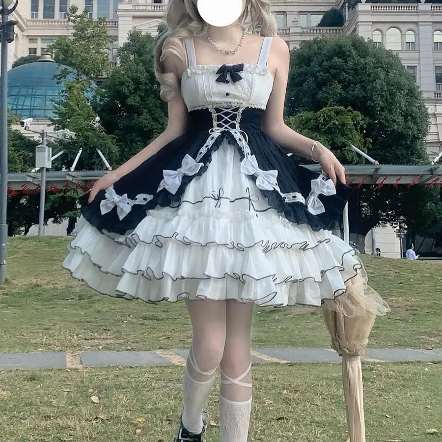Bow Princess Lolita Patchwork Women Cake Vestidos Harajuku Japanese Dress Club