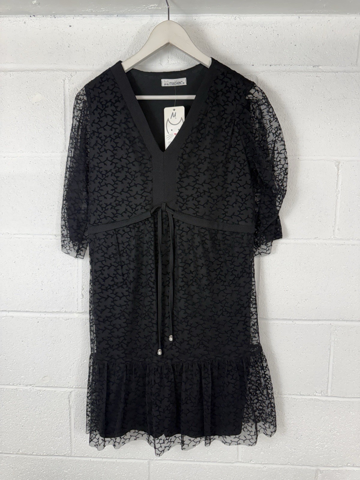 Machek Mini Dress Medium Black Empire Waist Sheer Lace Abstract Lined N80