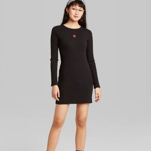 Wild Fable Size Medium Black Ribbed Rose Embroidered Jersey Knit Dress NWT