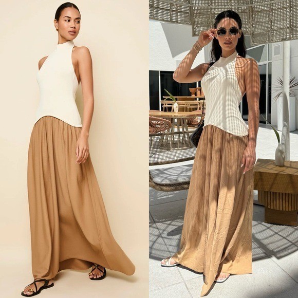 Solid and Striped Soglio Halter Ecru Camel Brown Maxi Dress Size L