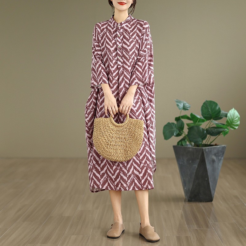 Cotton-linen Printed Mandarin-collar Loose-fit Maxi-length Resort Dress