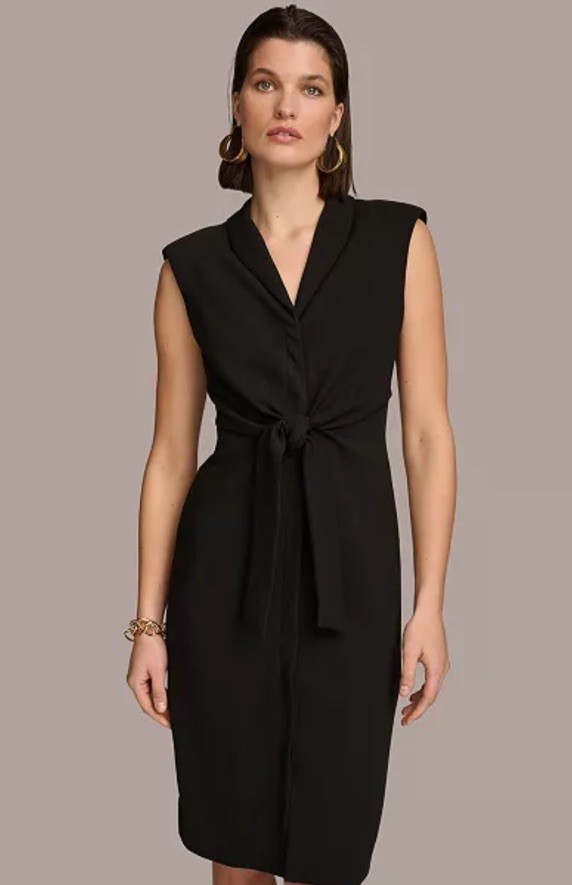 Donna Karan New York Black Solid V-Neck Sleeveless Wrap Belted Dress 8