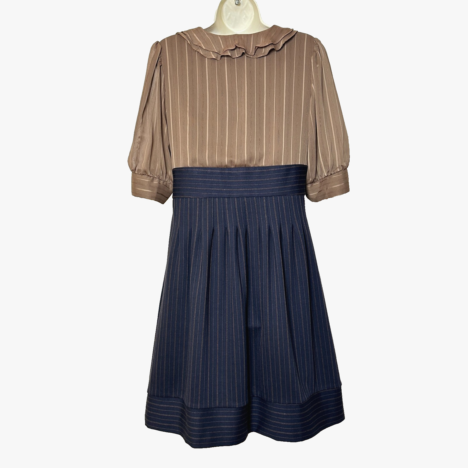 Rabbit Rabbit Rabbit Designs Tan Navy Pinstripe Balloon Sleeve Dress Women’s 8