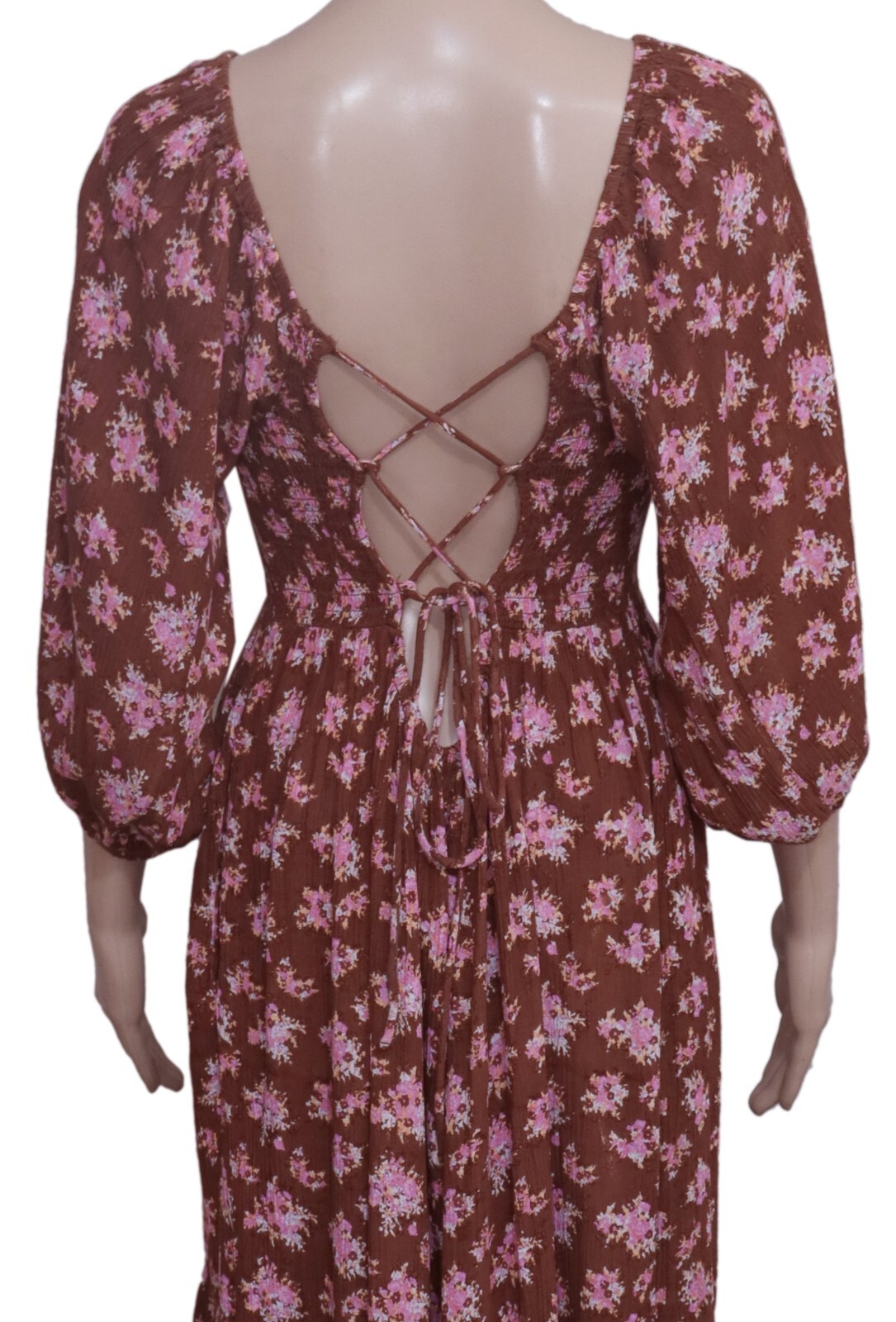 UO Lottie Chocolate Floral Tie-Back Midi Dress Printed Smocked Puff Sleeve New L