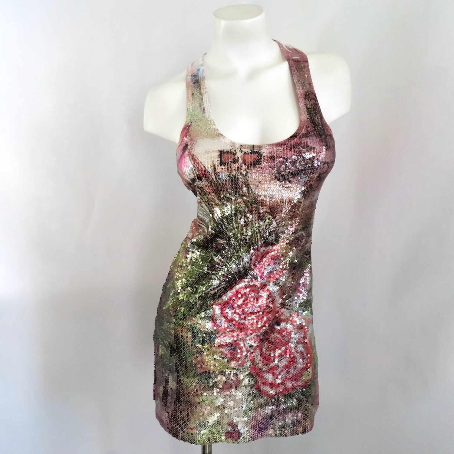 VTG Hello Miss Dress Women S Gold Red Sequin Rose Sleeveless Bling Party Y2K