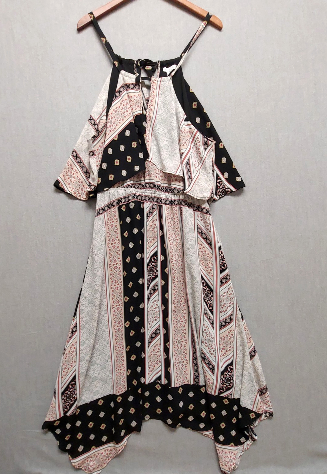 New York & Company Asymmetric Patchwork Maxi Dress M Boho Tie Neck Cape Overlay