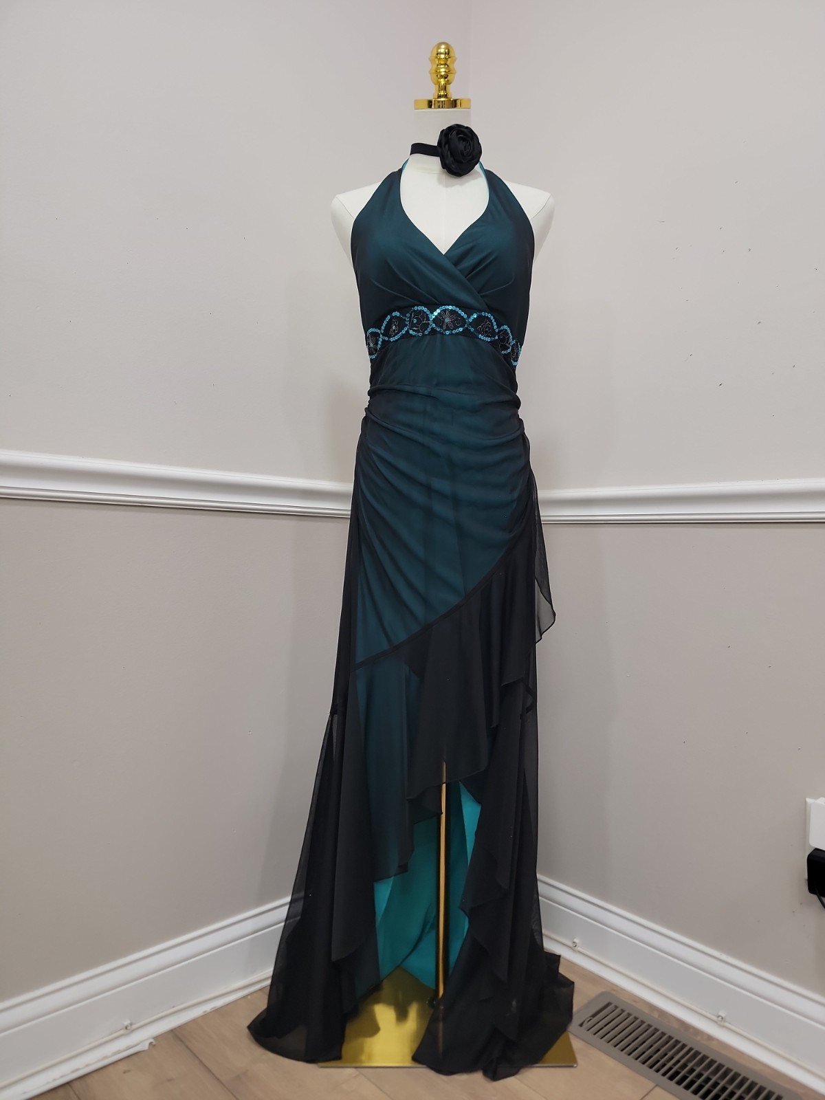 Vintage Y2K City Triangles Green Black High Low Halter Dress Whimsigoth Womens L