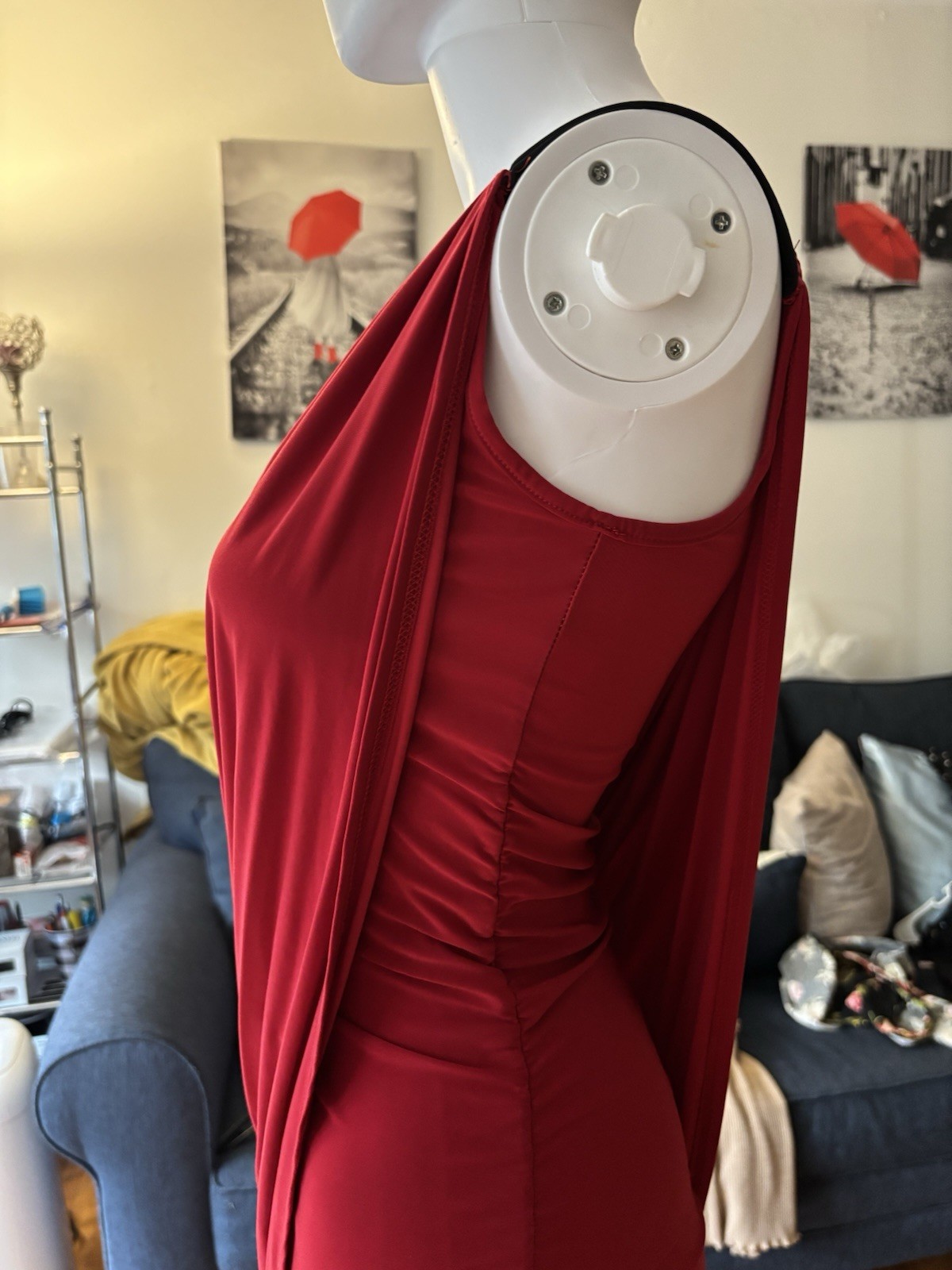 Red One Shoulder Ruched Draped Jersey Bodycon Knee Dress Size S Stretch