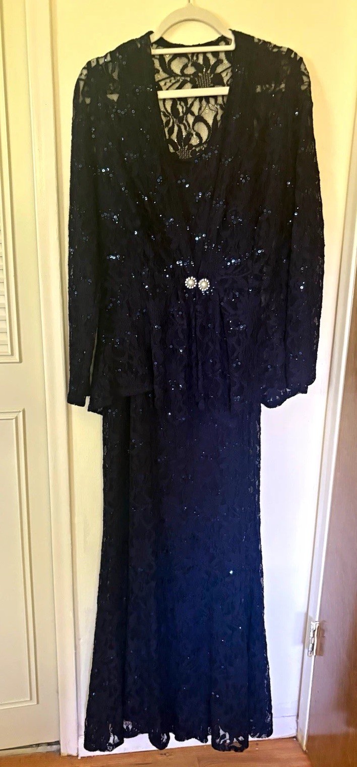 Ursula of Switzerland Navy Lace Sequin Formal Gown with matching Jacket size 18