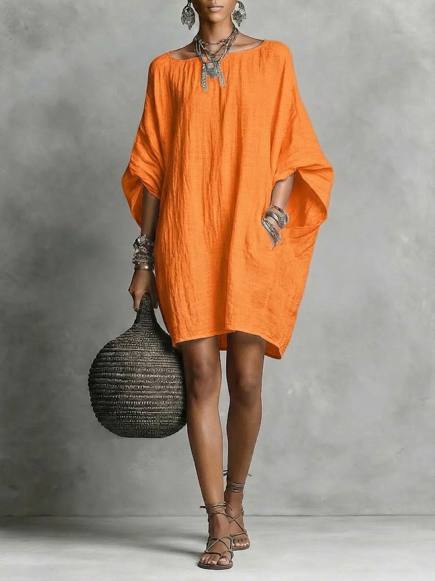 Retro solid color temperament long sleeved off shoulder casual cotton linen dres