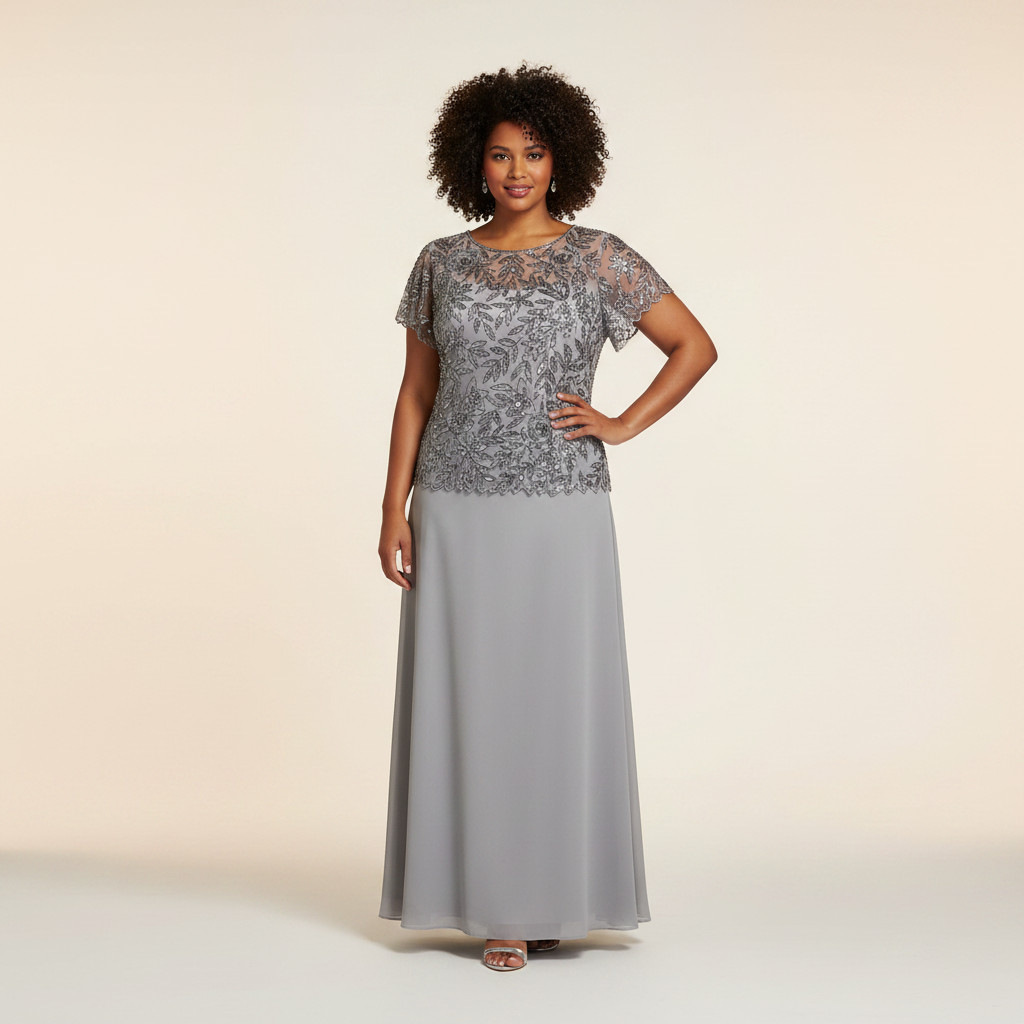 Pisarro Nights Beaded Mesh Mock Two-Piece Gown Womens 16 Gray NWT