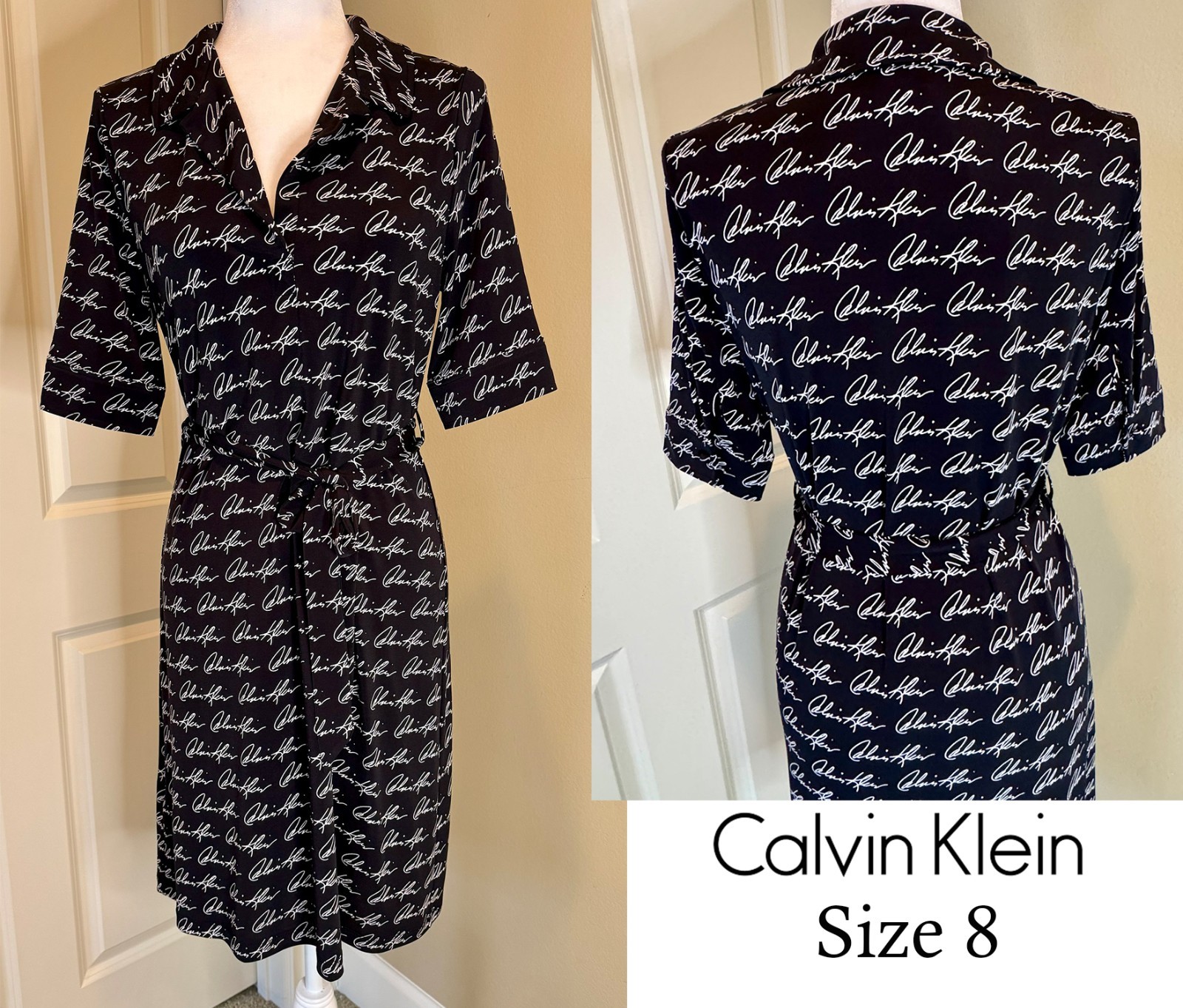NWT Calvin Klein Women’s Black Logo Print Jersey Dress Size 8 Stretch Pull On