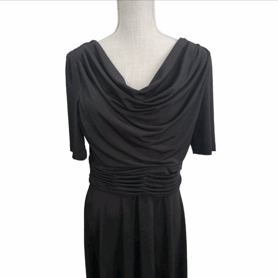 Laura Jeffries Black Drape Neck Dress Size 10 Ruched Waist Short Sleeve