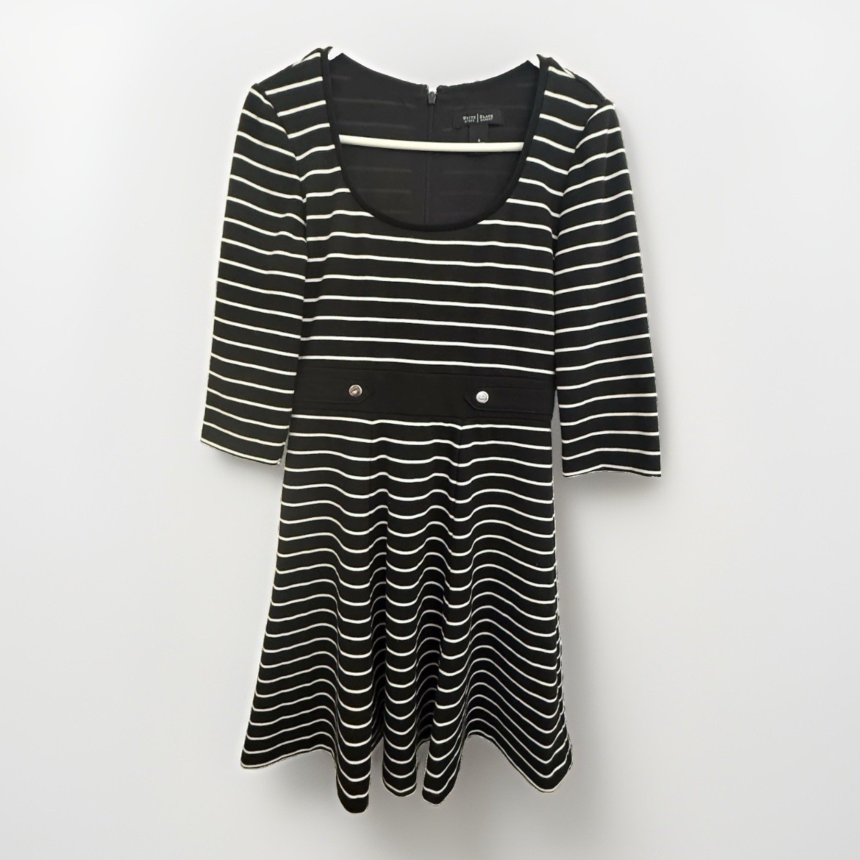 White House Black Market Striped Black White Fit Flare dress gold buttons size 6