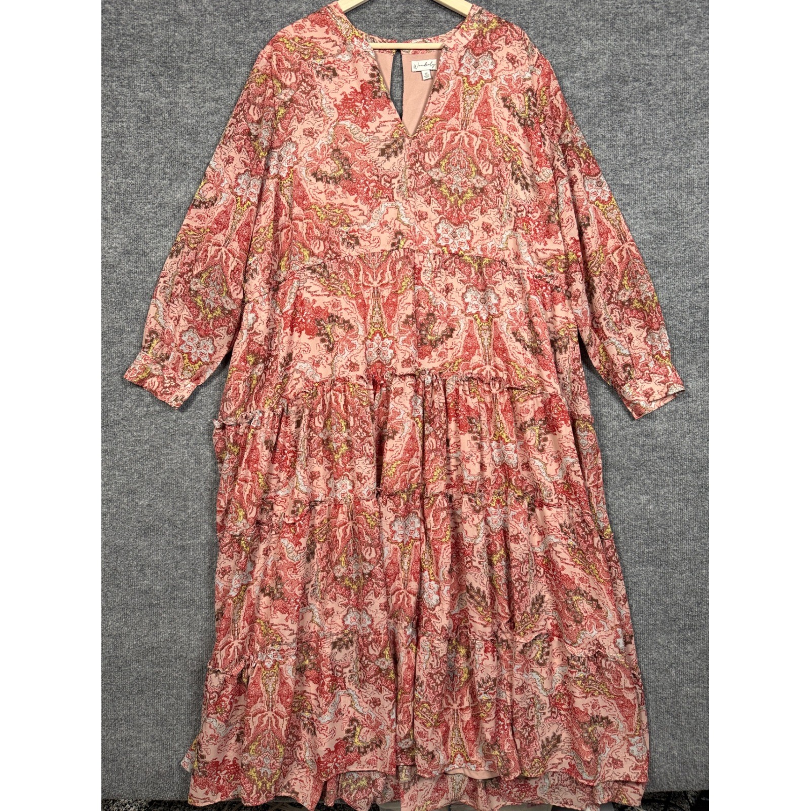 Wonderly Plus Size 3X Maxi Dress Pink Abstract Print Shift Tiered Boho Wedding