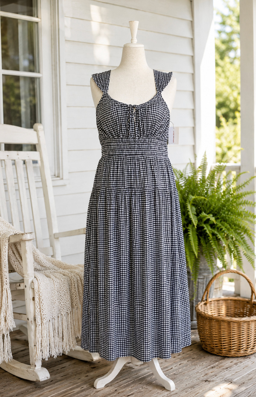 Lucky Brand Gingham Midi Dress L Black White Smocked Cottagecore NWT Boho