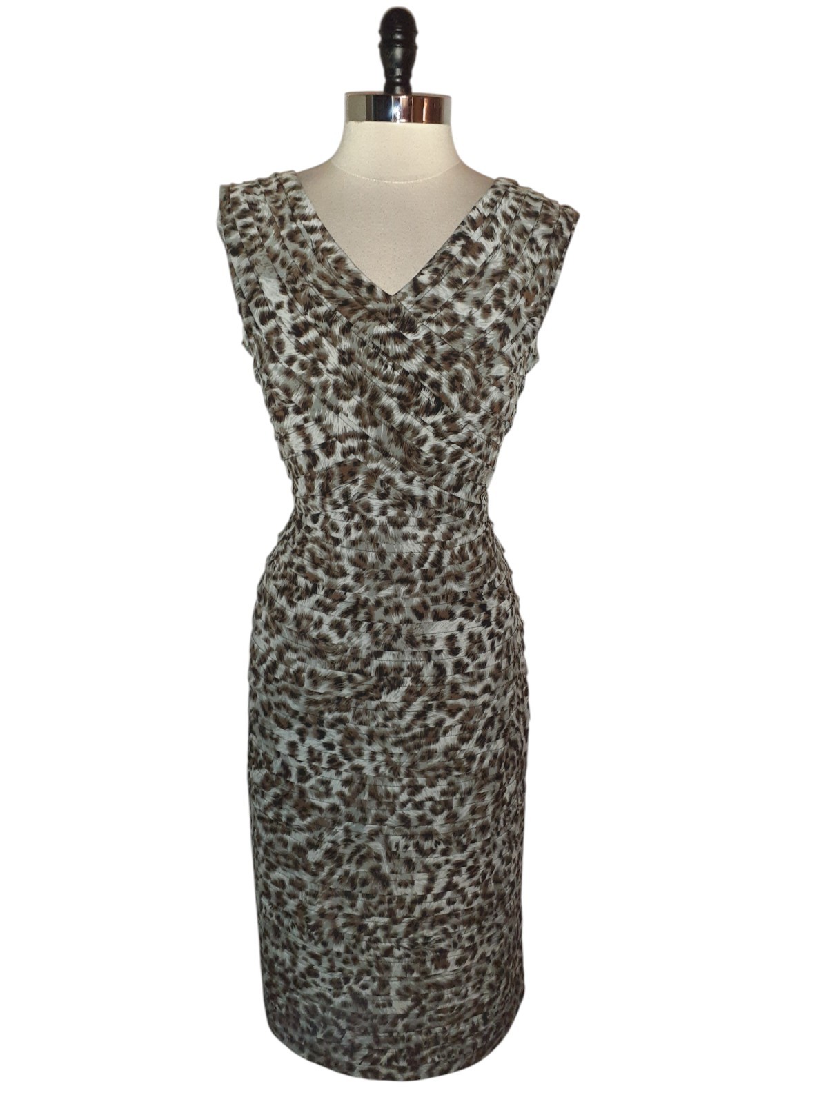 ADRIANNA PAPELL Plus Sz 16W Sheath Dress Grey Brown Leopard Animal Print Stretch