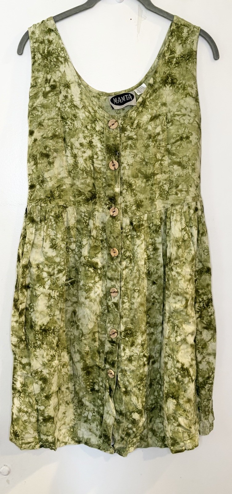 Mamta Free Size Green Tie Dye Sleeveless Fairy Dress Button Front babydoll boho