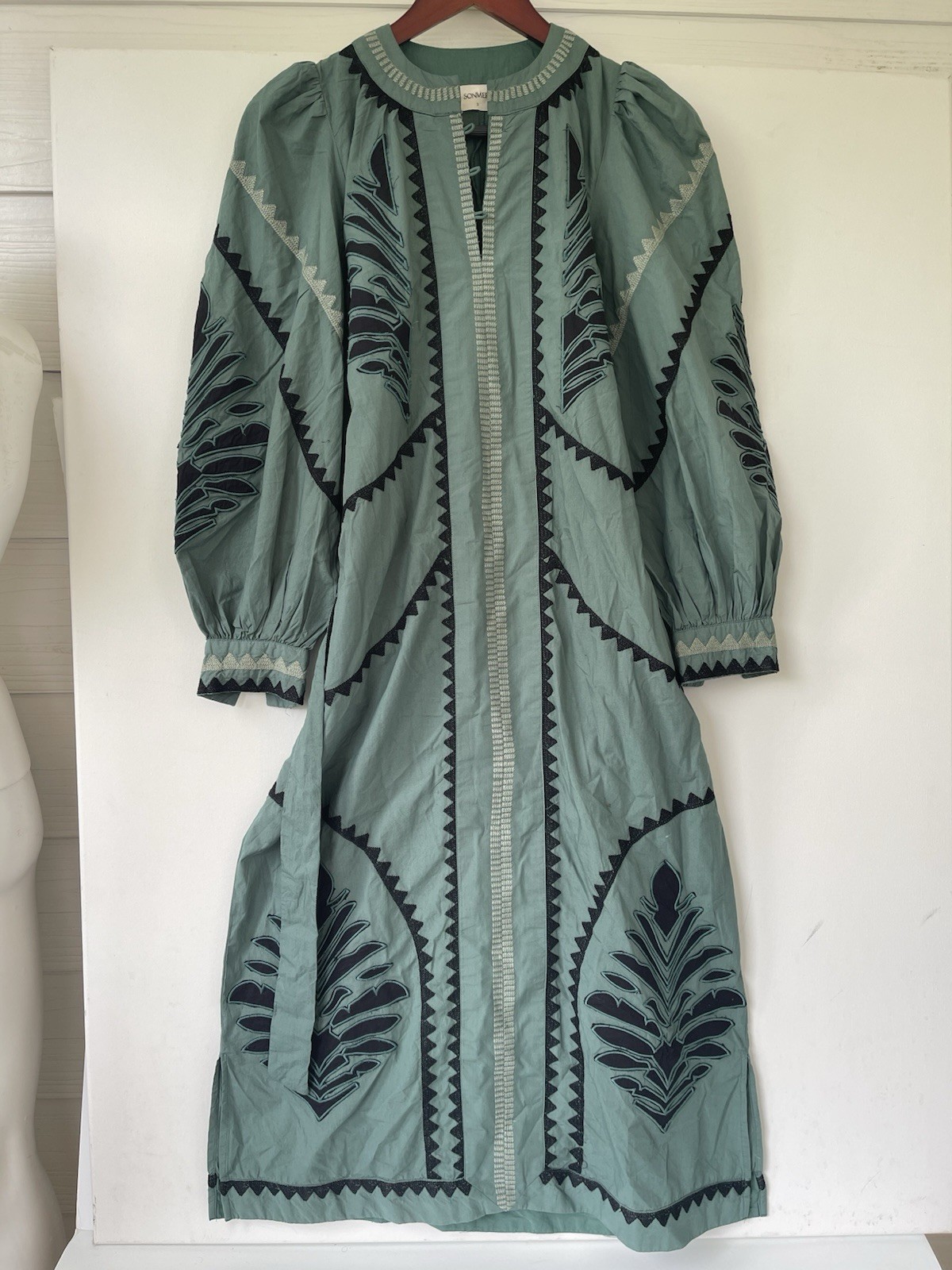 Sonmer Susan Dress Size S Boho Embroidered Long Sleeve Midi Green Black Spain