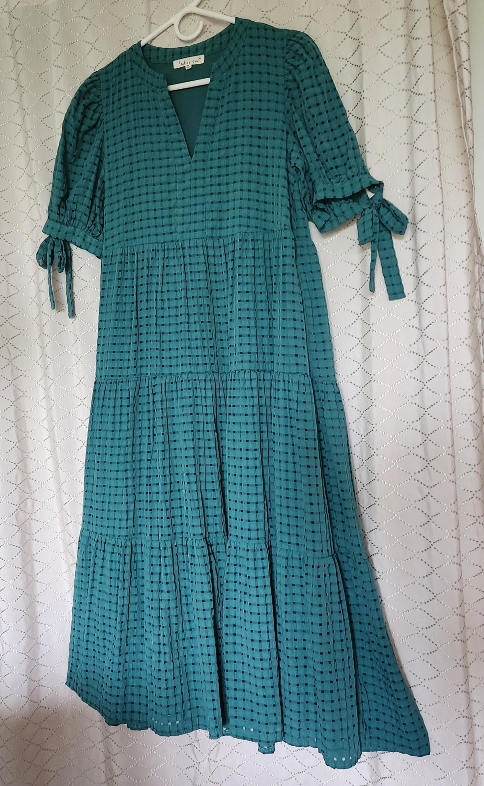 WOMAN’S TEAL BLUE/GREEN INDIGO SOUL S-SLEEVE TIERED MAXI DRESS; SZ M