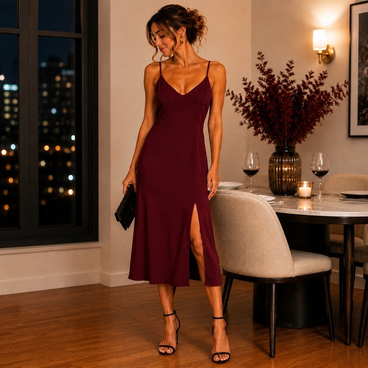 Reformation Burgundy Maxi Slip Dress Size 8 Side Slit Adjustable Straps