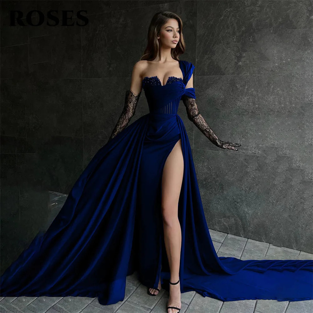 Red Side High Split Mermaid Evening Dresses One Shoulder Prom Dresses Stain
