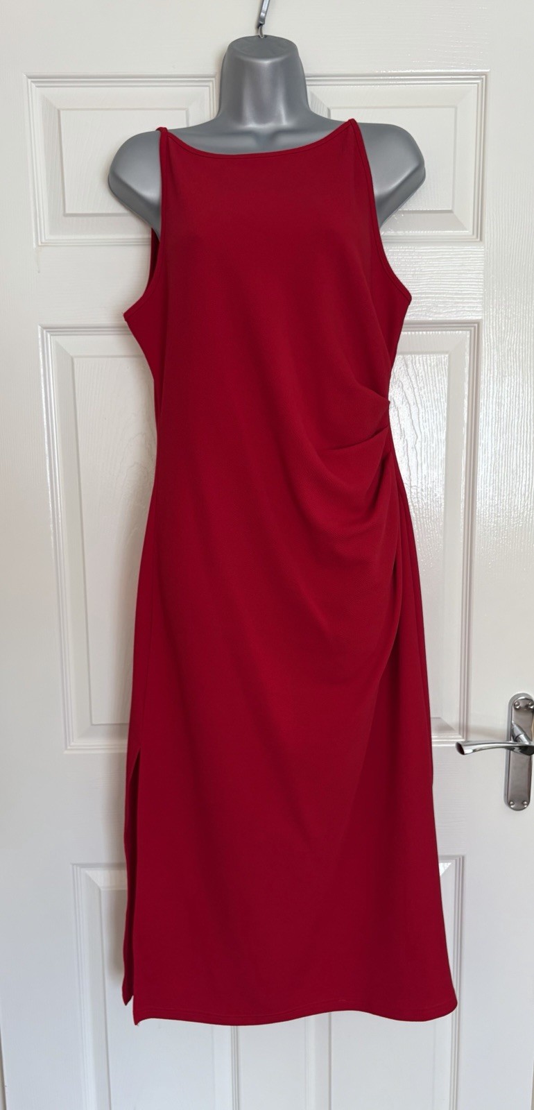 Shein Red Ruched Midi Dress Size Large Leg Split Sleeveless Summer Holiday VGC
