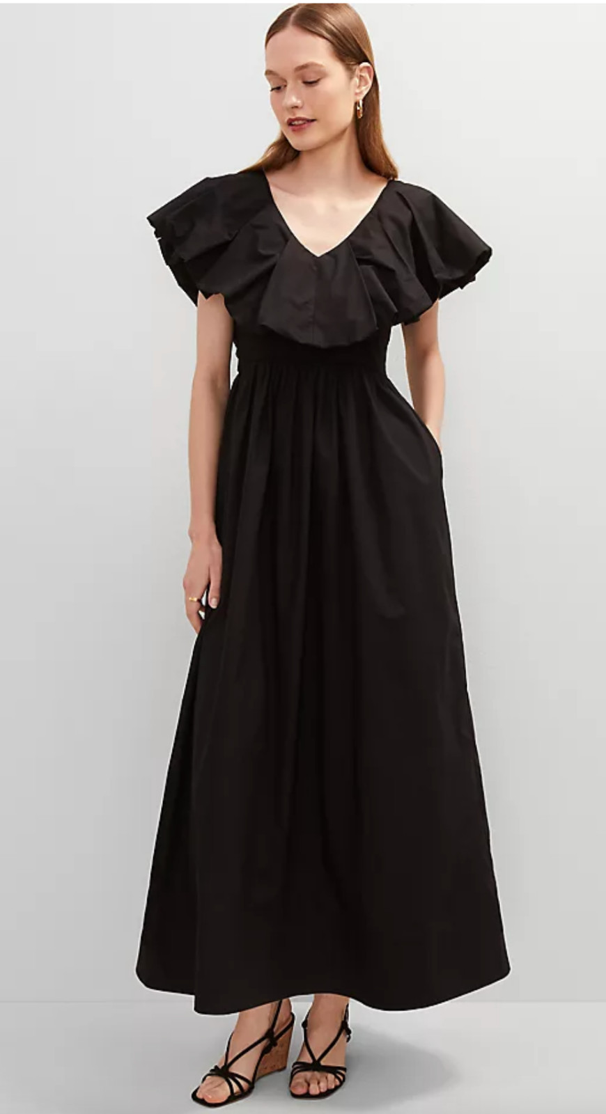 NWT ANN TAYLOR BLACK PETITE RUFFLE COLLAR MAXI FLARE DRESS SZ 12