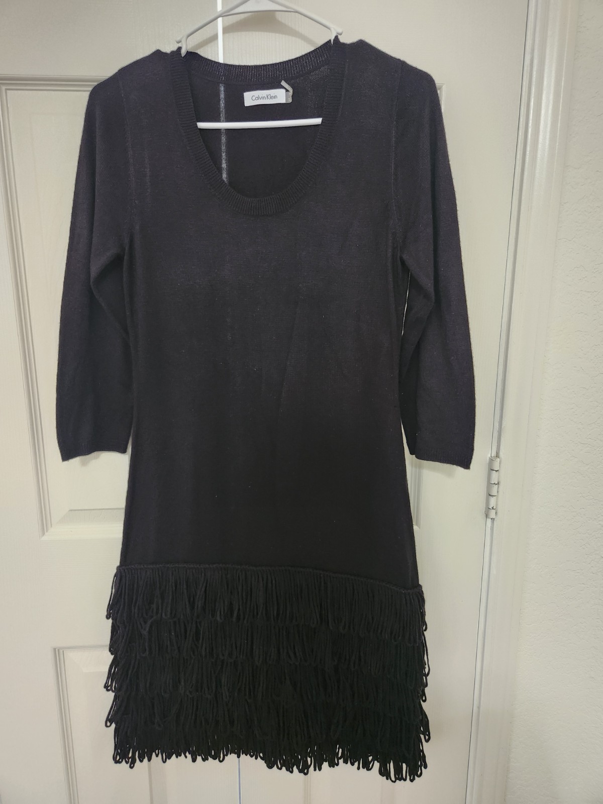 Calvin Klein Black Sweater Dress Drop Waist Tiered Loop Fringe Hem Size Small