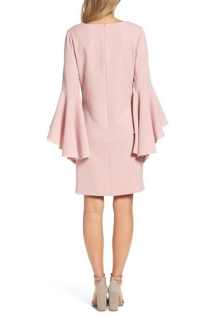 ELIZA J Pink Blush Ruffle V-Neck 3/4 Bell Sleeve Crepe Shift Sheath Dress 10 US