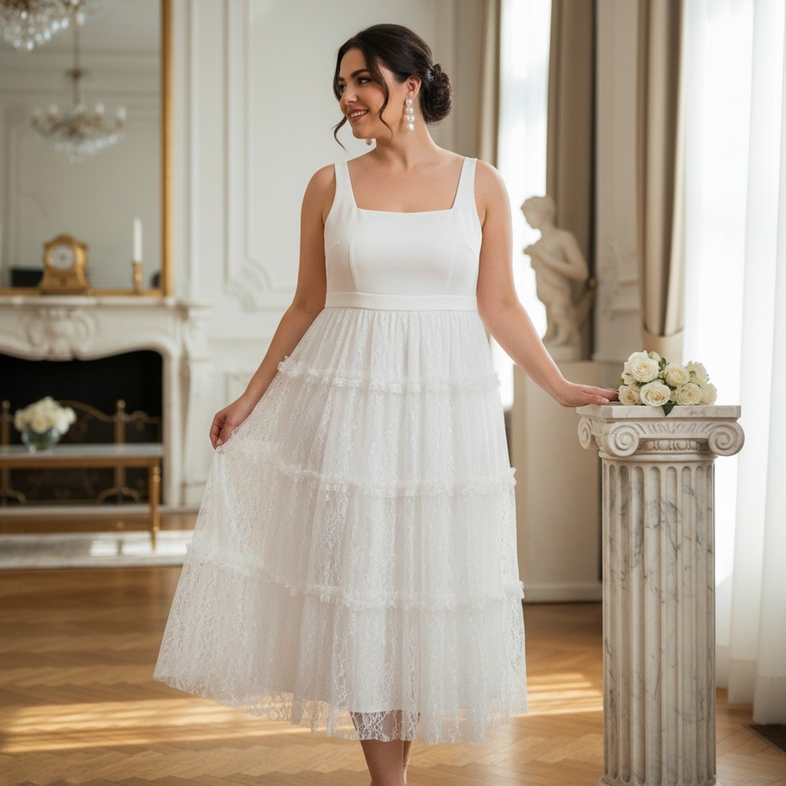 G-25 Adrianna Papell White Lace Tiered Dress Size 14W NWT Square‑Neck Midi