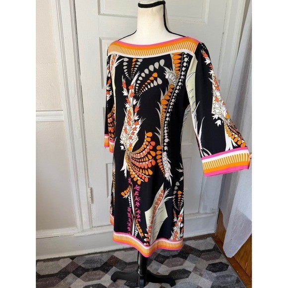 Ali Ro Boatneck Shift Dress Y2K Anthropologie 3/4 Sleeve Colorful Abstract Mod 8