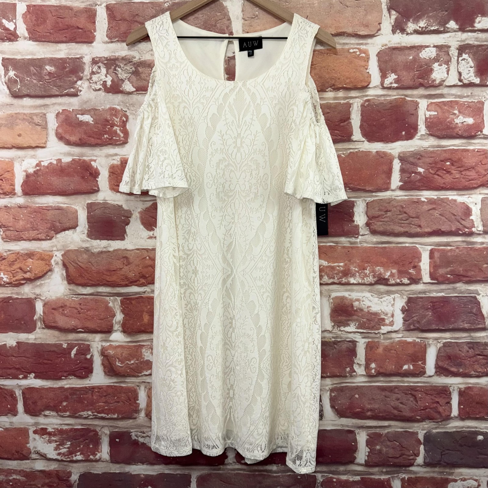 AUW Dress Womens 10 White Chic Floral Lace Cold Shoulder Sleeve Casual Evening