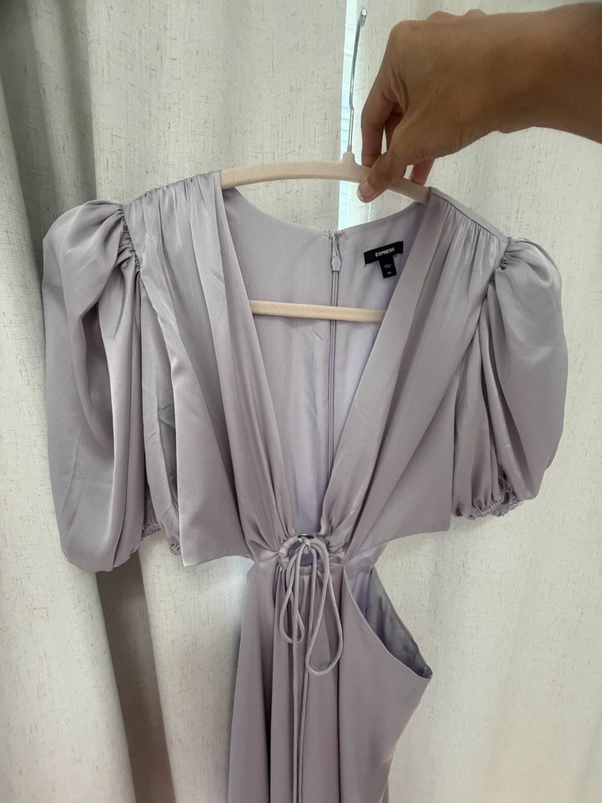 Express Lavender Satin V-Neck Puff Sleeve Cutout Maxi Dress Women’s XS