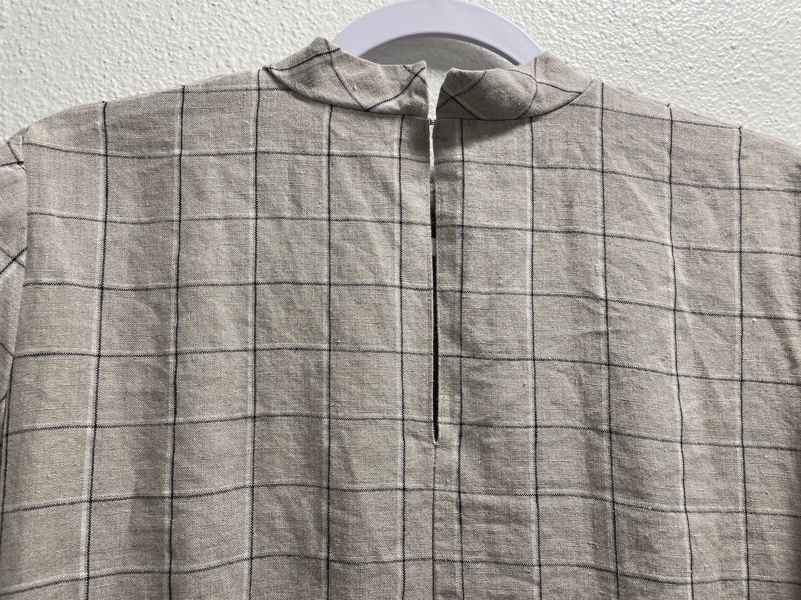 Linenfox Checkered Linen Shift Dress Short Sleeve Pockets Lagenlook Tan XL