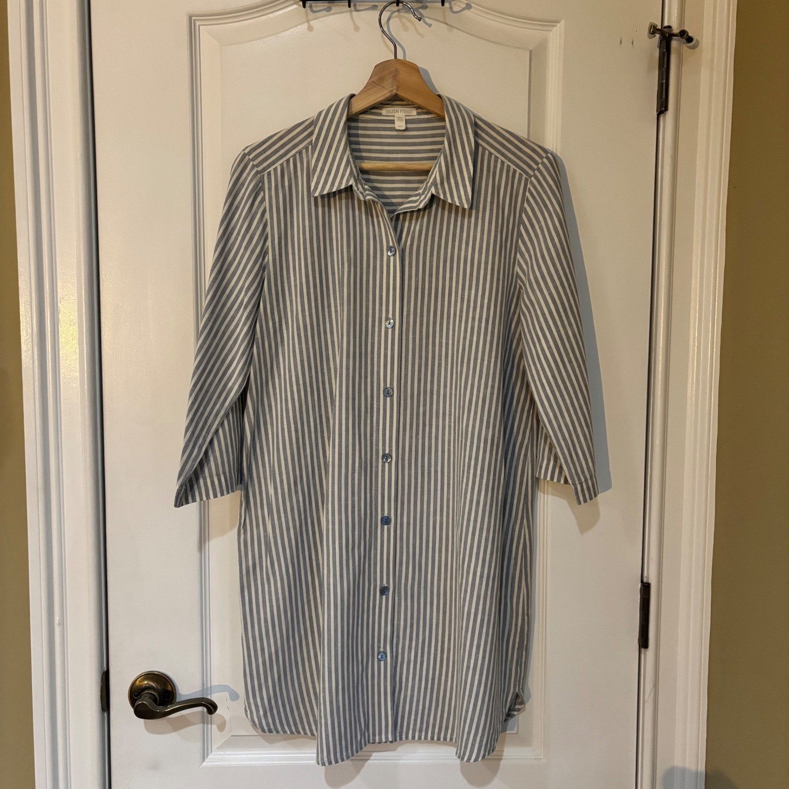 Eileen Fisher Shirt Dress Tunic Blue Stripe Hemp Organic Cotton Lagenlook Small