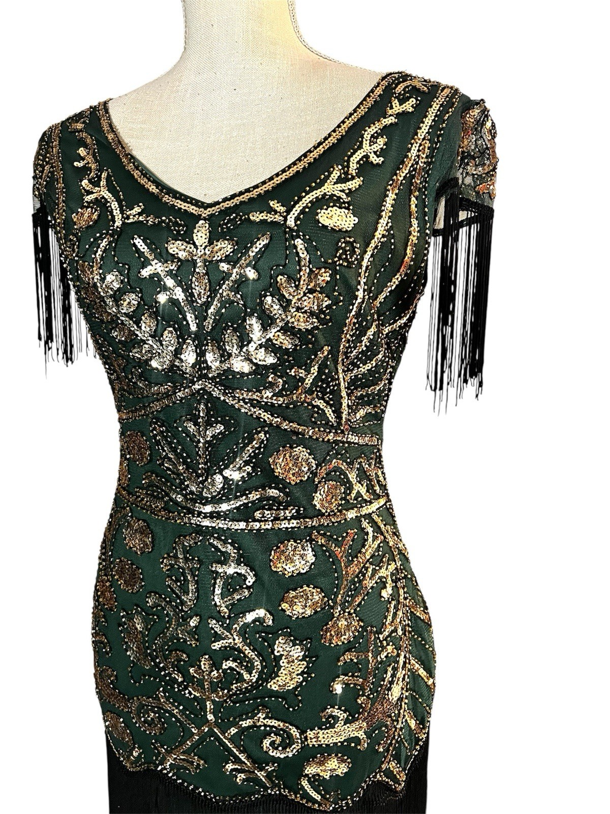 Emerald Green Sequin Flapper Art Deco Dress Green Black Gatsby 1920s Party Sz M