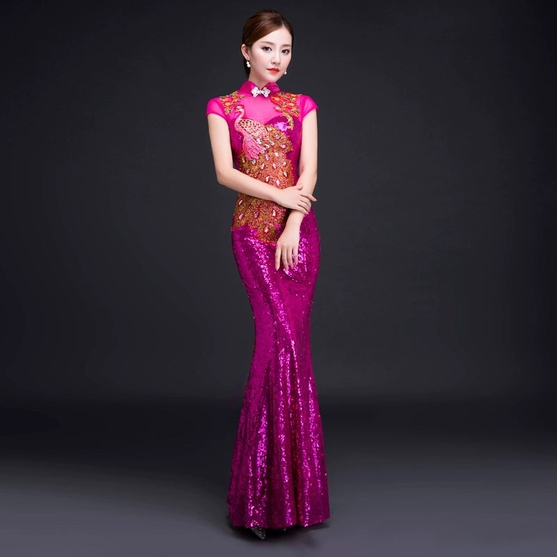 Womens Sequin Peacock Embroidery Gown Cheongsam Formal Stage Evening Qipao Dress