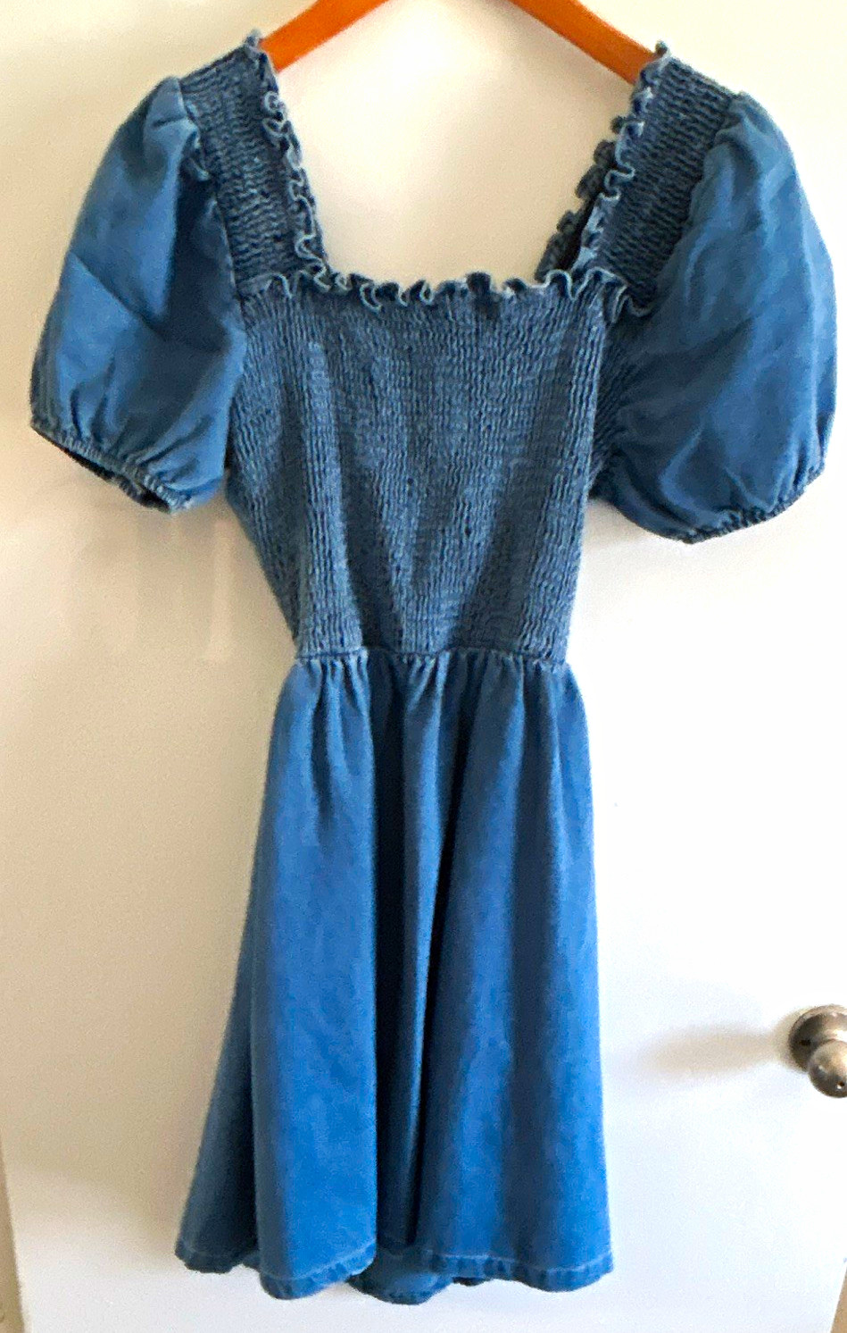 Dition Blue Denim Smocked Square Neck Puff Sleeve Tie-Back Mini Dress S