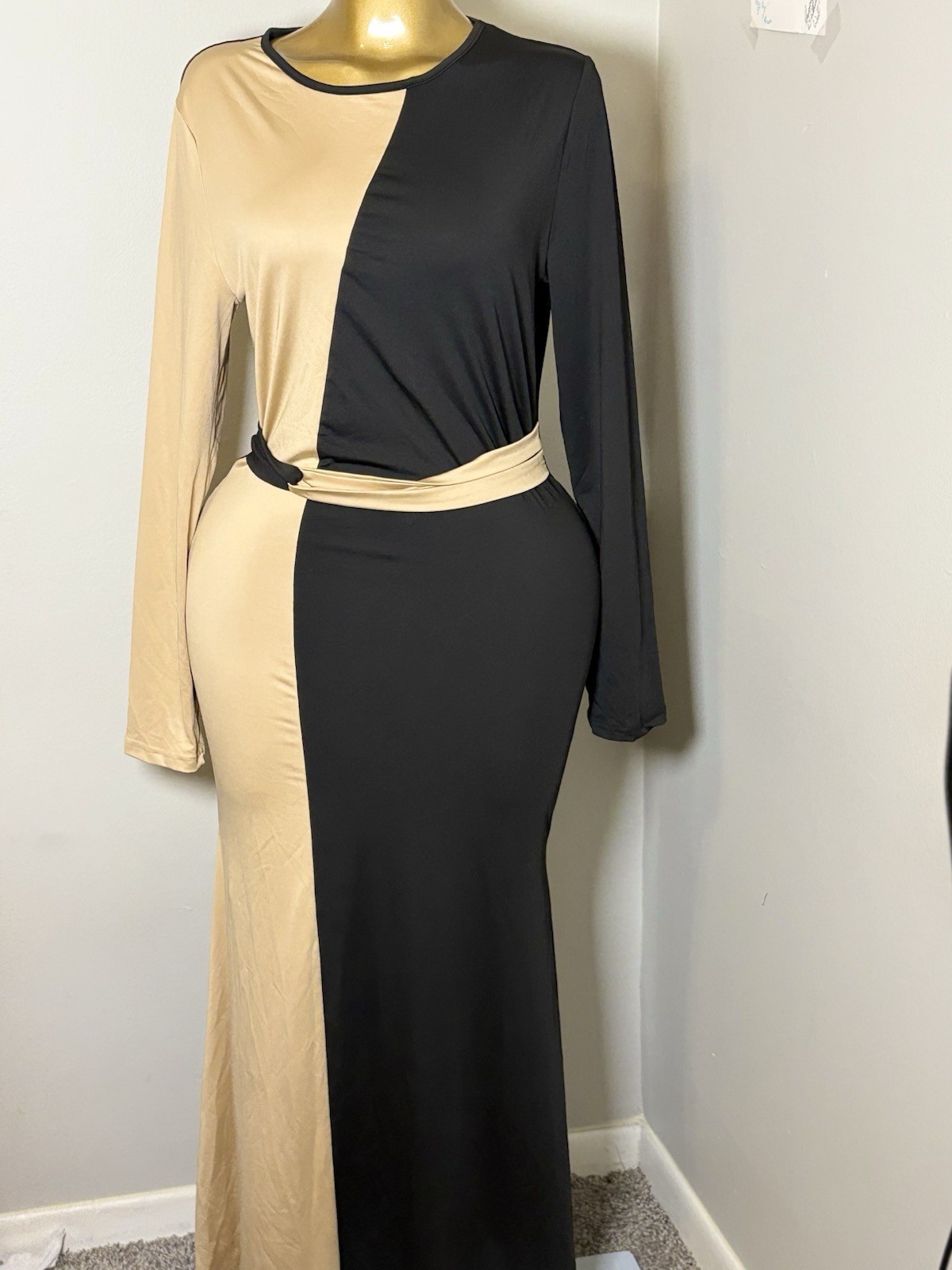 Color Block Bodycon Maxi Dress | Long Sleeve | Elegant Evening Dress