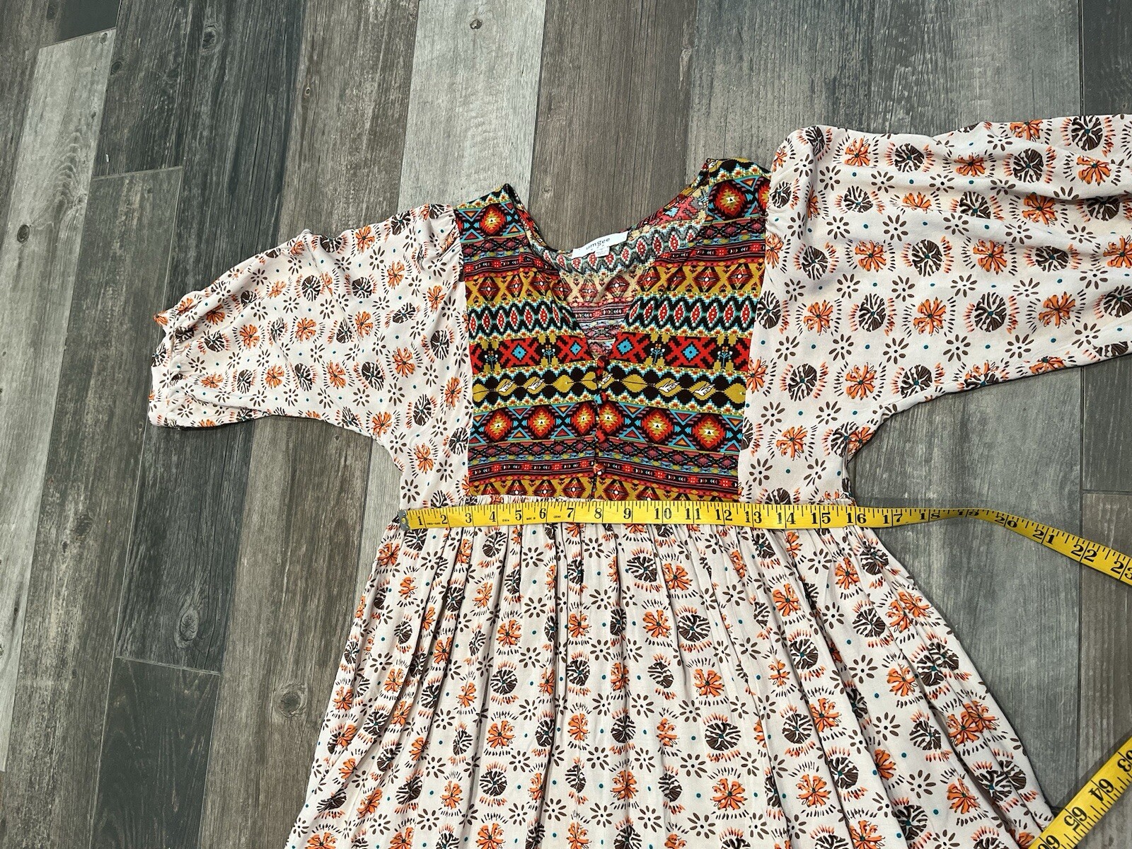 Umgee Aztec Dove Pattern 3/4 Sleeve Tunic Mini Dress Boho Western Rodeo Sz Small
