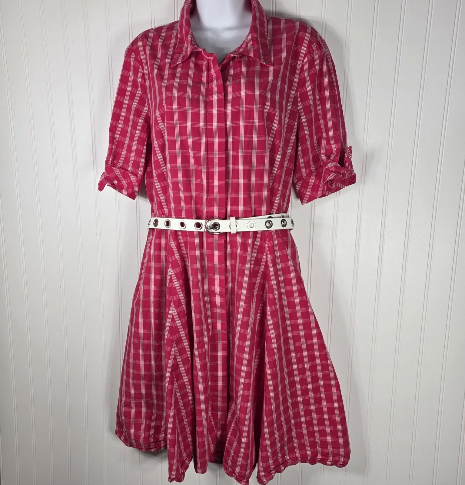 Calvin Klein Dress Womens 14 Pink Plaid Midi Belted Fit Flare Casual Cottage