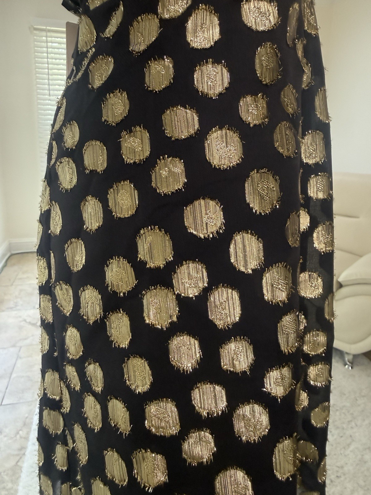 For Love & Lemons Lottie Ruffle Off the Shoulder Mini Dress in Gold Dot Size S
