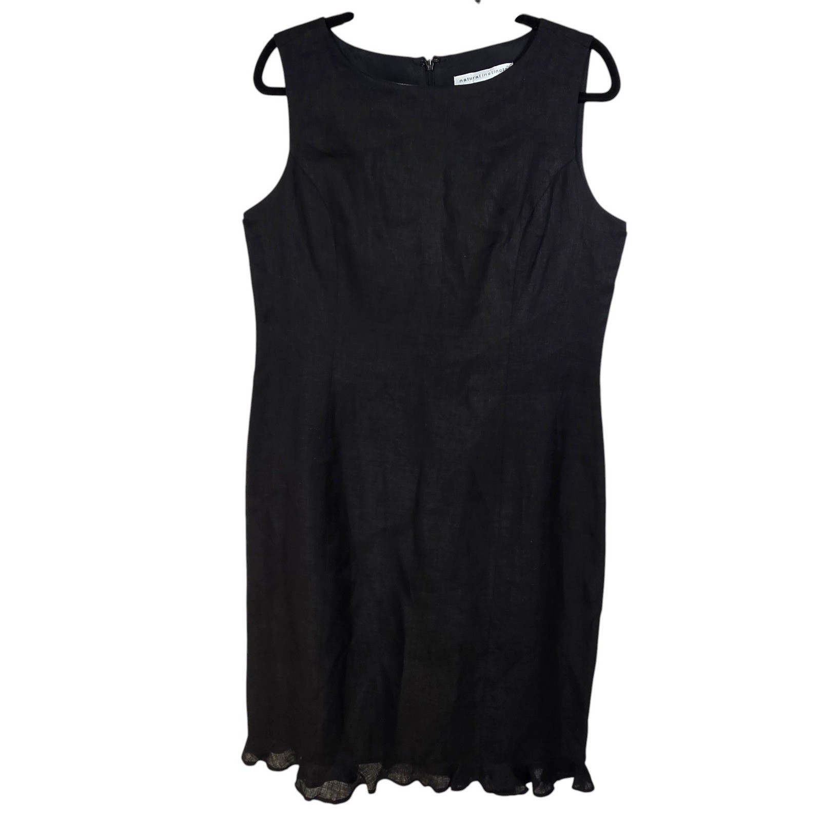 Natural Instincts Womens Sheath Dress Size 10 Black 100% Linen Ruffle Hem Lined