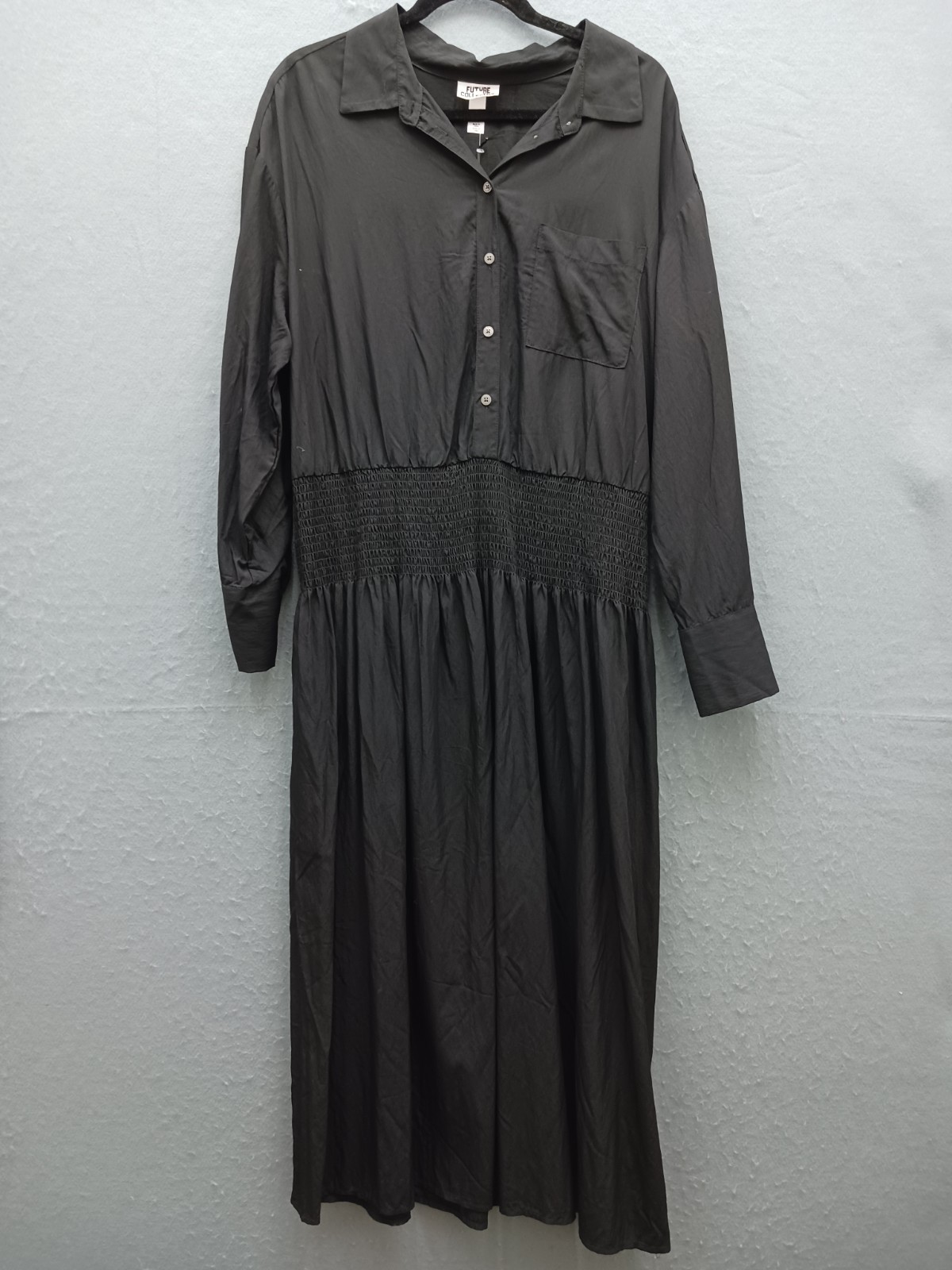 Future Collective Women XXL Dress Black Rayon Collared Long Sleeve Smocked Midi